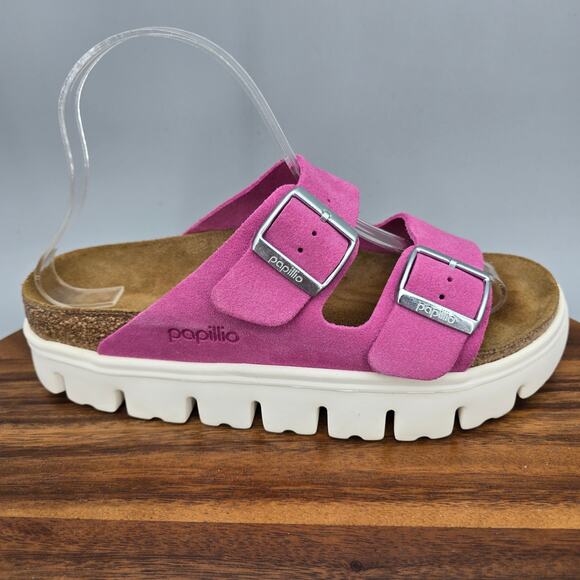 Birkenstock Papillio Arizona Sandals Womens 8 39 Pink Suede Leather Chunky Slide - Picture 1 of 7